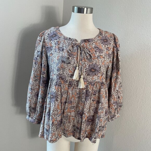 Lucky Brand Womens Medium Floral Boho Peasant Top Tassel Tie Neck Shirt Blouse - Picture 1 of 12
